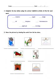 English worksheet: Indefinite articles + Christmas vocabulary