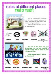 English Worksheet: rules at different places must & mustnt