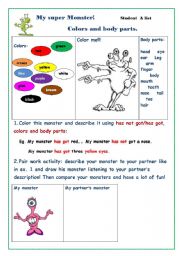 English Worksheet: My super monster: colors and body parts.