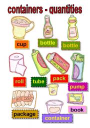 English Worksheet: flashcards - containers and quantities #2- cup -pack- pump - tube- package - roll - bottle- book- container