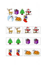English Worksheet: Christmas dominoes - reindeer, present, Xmas tree, Santa Claus, snowman, turkey, stocking