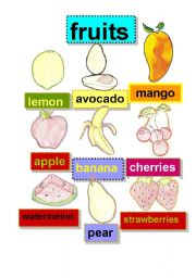 English Worksheet: fruits #1- flashcard - lemon-avocado-mango-apple-banana-cherries-watermelon-pear-strawberries
