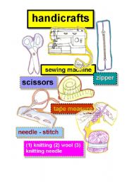 handicrafts # 1- flashcards - scissors - sewing machine - slipper- tape measure-needle - stitch-(1) knitting (2) wool (3) knitting needle