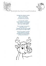 English Worksheet: Rudolph the Red Nosed Reindeer Song Lyrics and Colouring Pictures