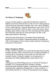 English Worksheet: The History of Thanksgiving