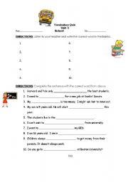 English worksheet: School Vocabulary Quiz with answer key