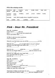 English worksheet: Dear Mr President - Songtext (fill in activity) and questions