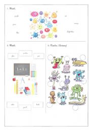 English Worksheet: Colors, School Objects and Body Parts