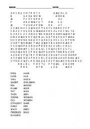 English worksheet: Train word search about   physical description 