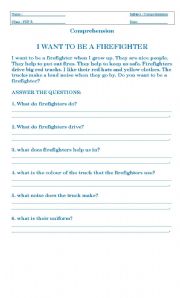 English worksheet: i want to be a firefighters