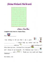 English Worksheet: Christmas wordsearch and a letter to Santa Claus