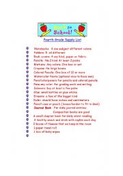 English Worksheet: Fourth Grade supply list