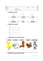 English worksheet: Numbers Colours and Animals