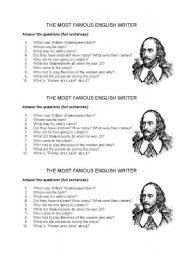 English Worksheet: Questions about Shakespeare
