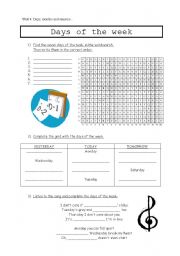 English Worksheet: days of  the week  (voc + song)