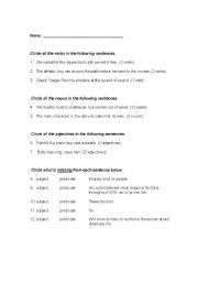 English worksheet: Subject-Predicate-Noun-Verb-Adj