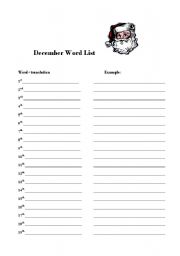 English worksheet: December Vocabulary List