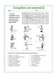 English Worksheet: OCCUPATIONS CROSSWORD AND PERSONAL ID
