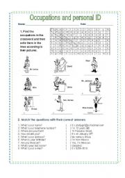 OCCUPATIONS CROSSWORD AND PERSONAL ID