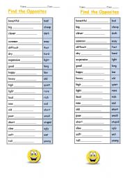 English Worksheet: Find the Opposites