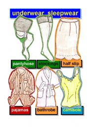 UNDERWEAR AND SLEEPWEAR -FLASHCARDS #1-  pantyhose-stockings-half slip-pajamas-bathrobe-camisole