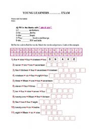 English worksheet: an exam for young learnes about numbers