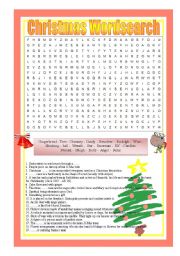English Worksheet: Christmas Wordsearch - with Answer Key