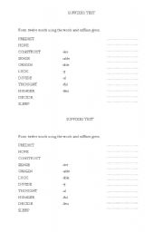 English worksheet: Suffixes test