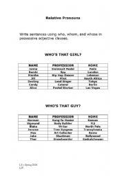 English worksheet: Relative Pronouns Activity - Whos That Girl?