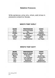 English Worksheet: Relative Pronouns Activity - Whos That Girl?