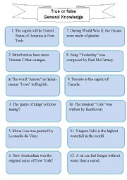English Worksheet: truefalse General Knowledge