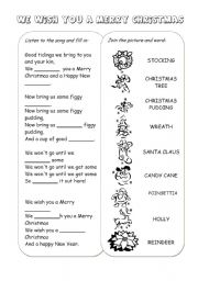 English Worksheet: Christmas songs and carols (set) - WE WISH YOU A MERRY CHRISTMAS (black and white version)