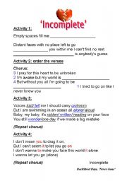 English Worksheet: song Incomplete by the Backstreet Boys