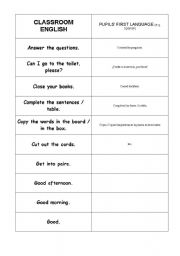 English worksheet: Classroom Language Flashcards, Matching Pairs or List