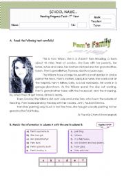 English Worksheet: Pams family - reading comprehension for Upper Elementary / Lower Intermediate Students