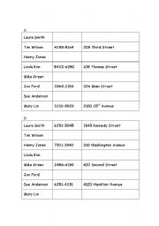 English worksheet: Telephone & Address Info Gap Fill