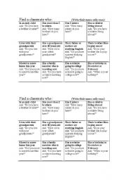 English Worksheet: Find someone who...Bingo type game