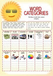 English Worksheet: Vocabulary: Word categories 1 of 2