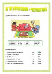 English Worksheet: PREPOSITIONS + IN THE LIVING ROOM