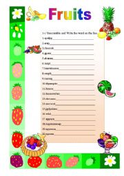 English Worksheet: Fruits - Unscramble - with Answers