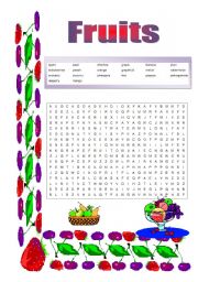 English Worksheet: Fruits - wordsearch - Answers are provided