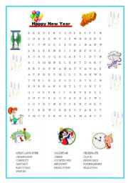 English Worksheet: New Year�s Wordsearch