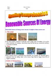 English Worksheet: Reading Passage about Renewable sources of energy