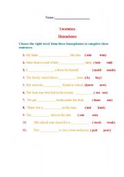 English worksheet: homophones