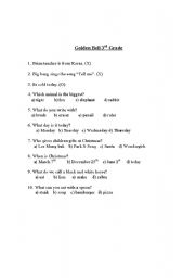 English worksheet: Golden Bell Quiz for 3rd Grade Students