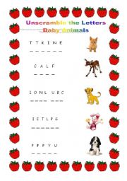 English worksheet: Unscramble the Letters - Baby Animals