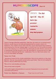 English Worksheet: Humoroscope Part 12 TAURUS