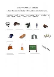 English worksheet: basic vocabulary - clothes and objects