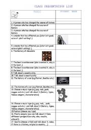 English Worksheet: TOPICS FOR PRESENTATION