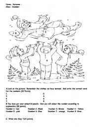 English Worksheet: an exam for  beginners including colours ,clothes,numbers. colourful:))